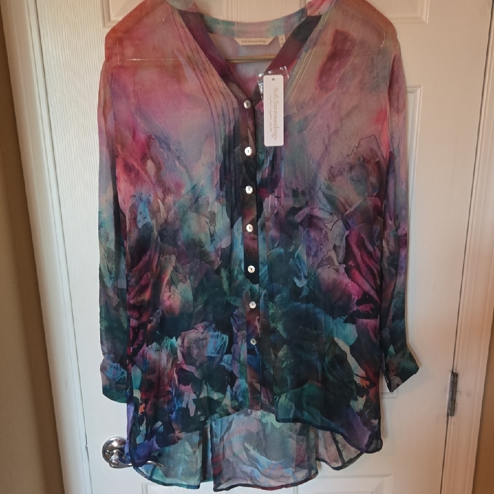 Soft Surroundings NWT LG Blue & Red Tunic Sailor Collar Blouse Pearly Button Up - Picture 4 of 6